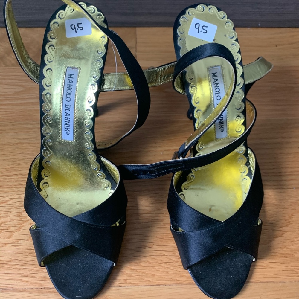 Manolo Blahnik strapy black satin heels